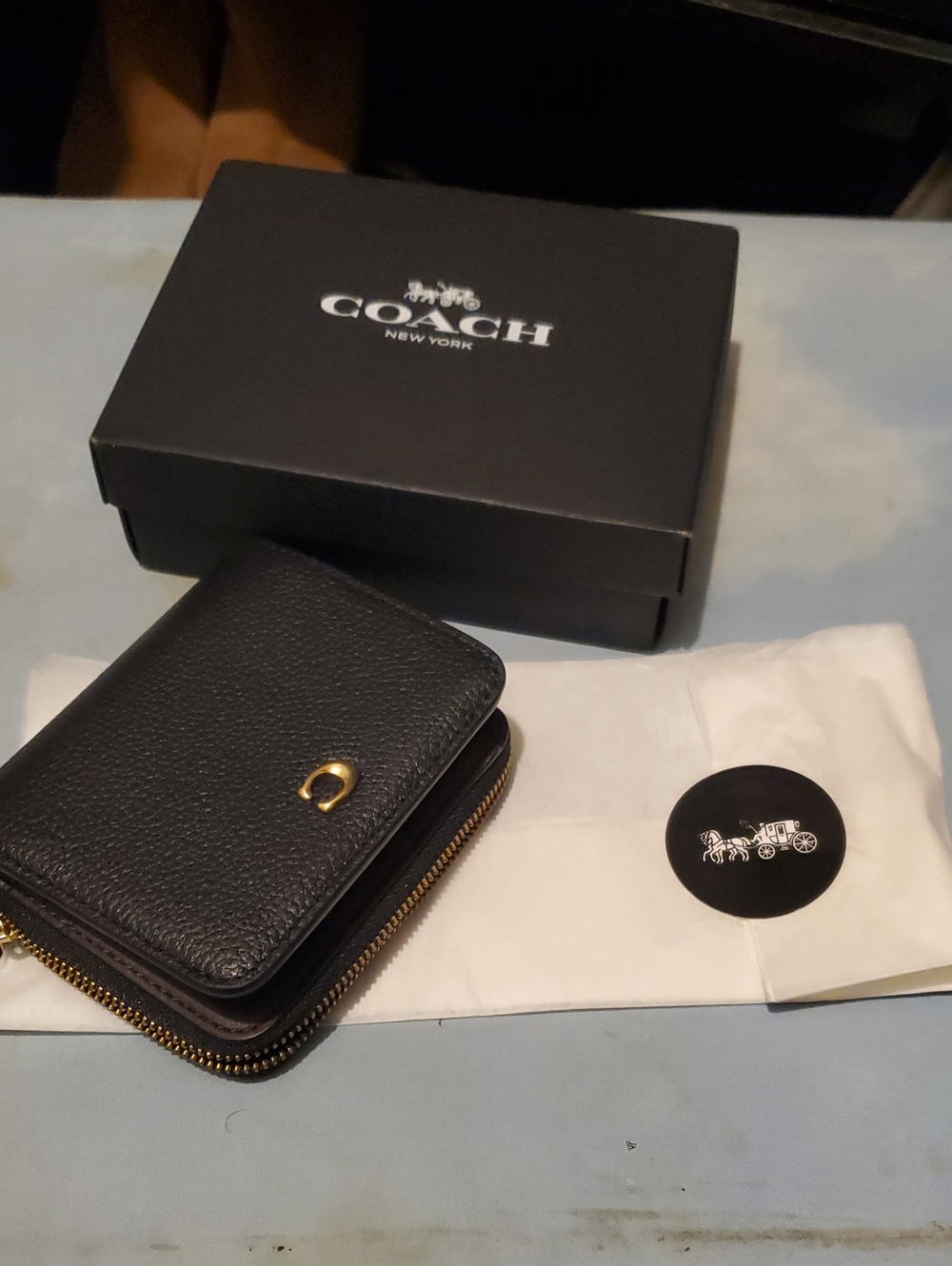 Coach Black Pebbled Leather Compact Zip Wallet with Gold D-ring